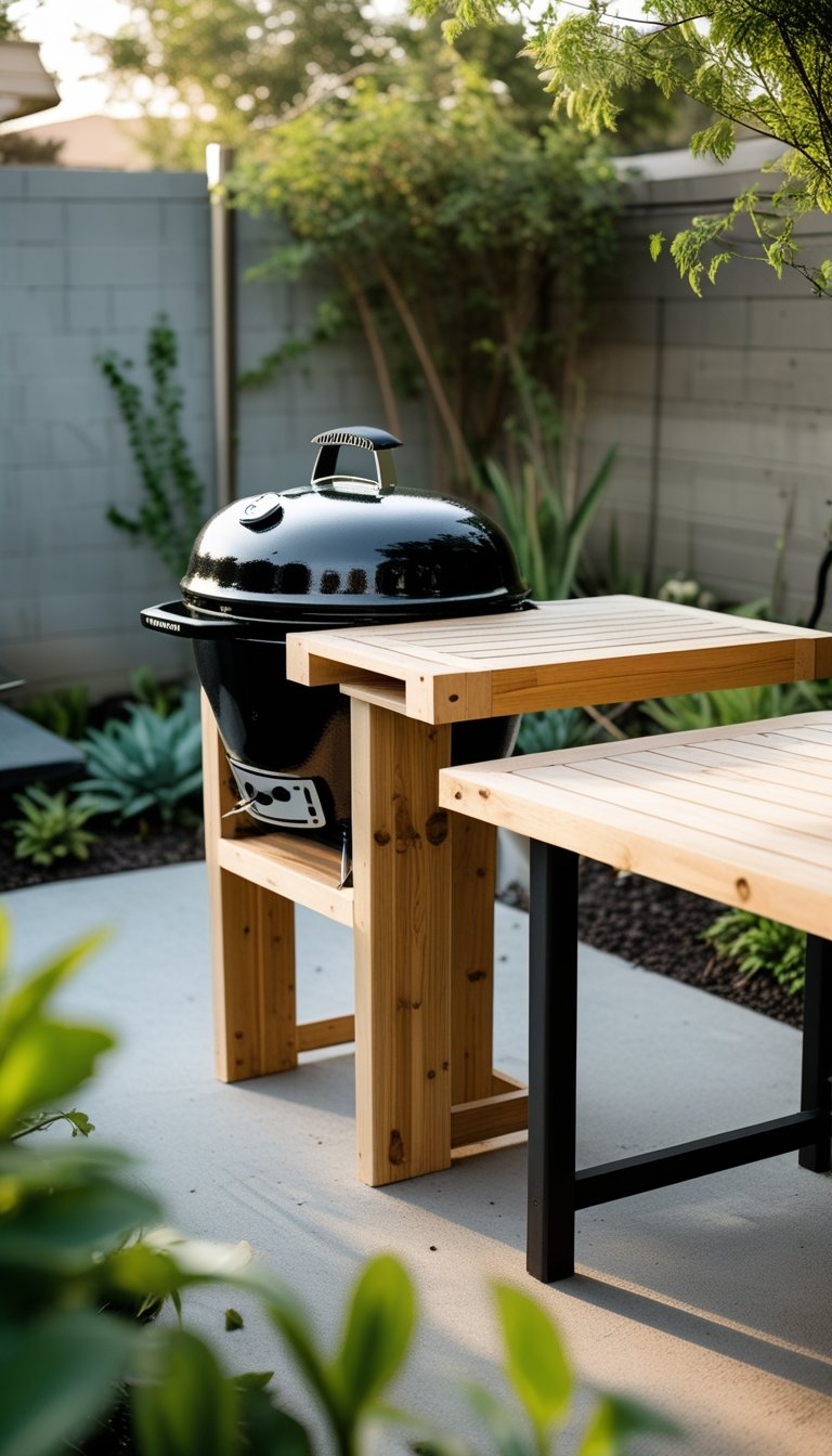 An outdoor charcoal grill with an attached wooden prep table in a backyard BBQ area.
