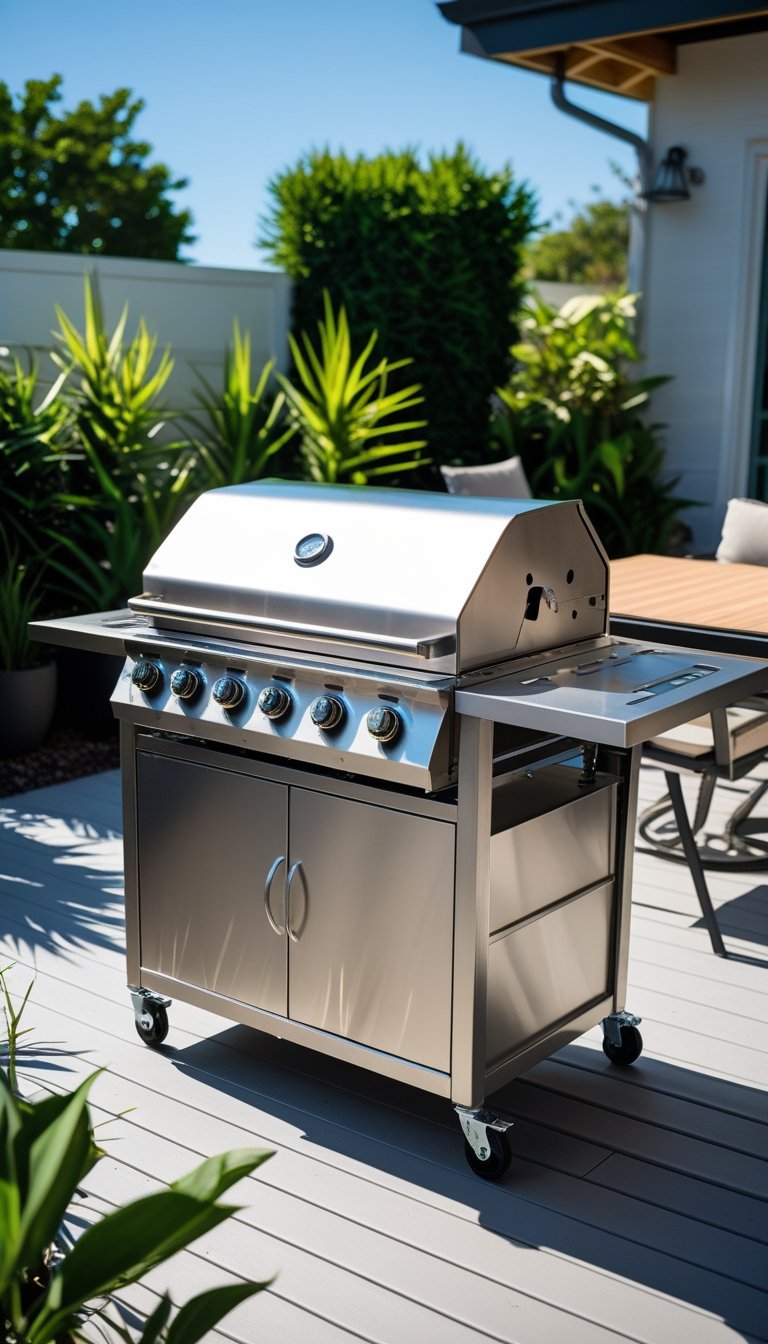 A rolling outdoor island grill station with casters on a wooden patio surrounded by plants and outdoor furniture.