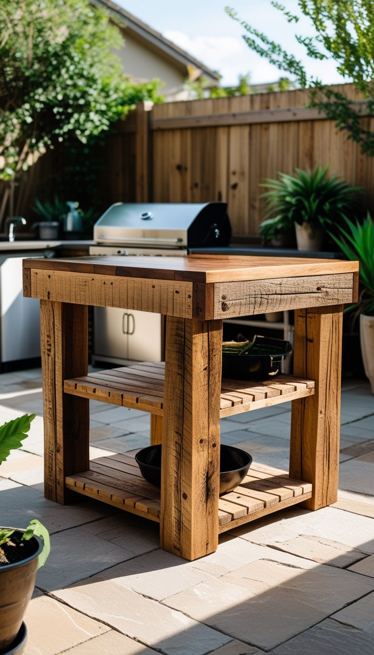 An outdoor kitchen island made of reclaimed wood with a built-in grill and countertop in a backyard barbecue area.