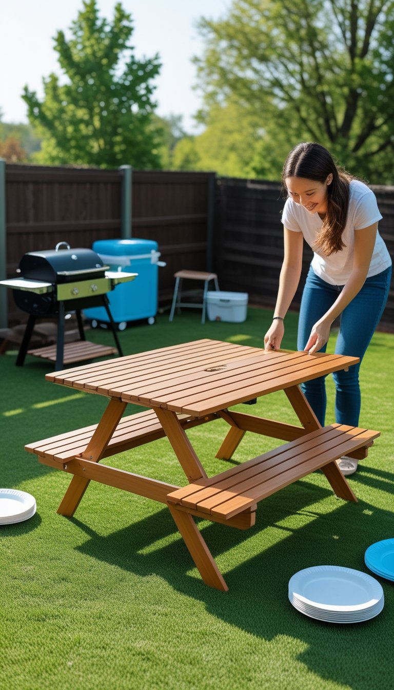 Person setting up a foldable picnic table in a backyard outdoor BBQ area with a grill and cooler nearby.