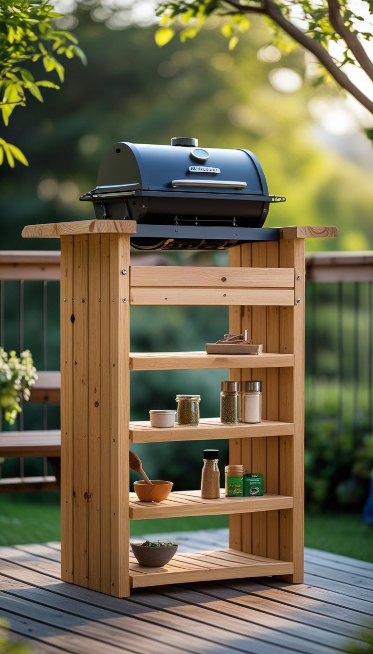 A compact wooden grill stand with shelves holding grilling tools, set outdoors on a patio with greenery in the background.