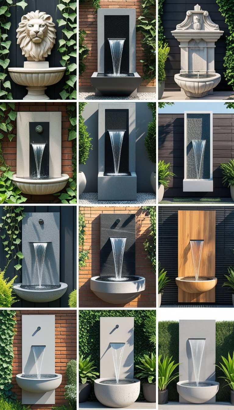 A garden scene showing sixteen different outdoor wall fountains mounted on various walls, with water flowing and surrounded by plants.