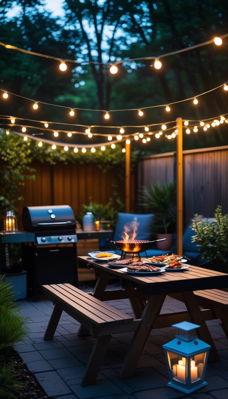 Outdoor BBQ area with string lights overhead, a grill, picnic table, and greenery in the background during early evening.