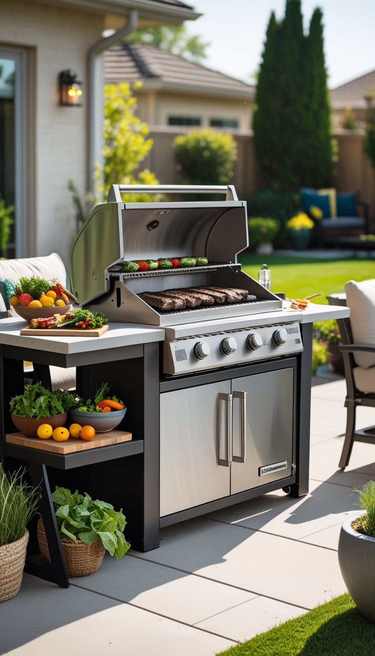 Outdoor Blackstone flat top grill station set up on a backyard patio with grilling tools and fresh ingredients.