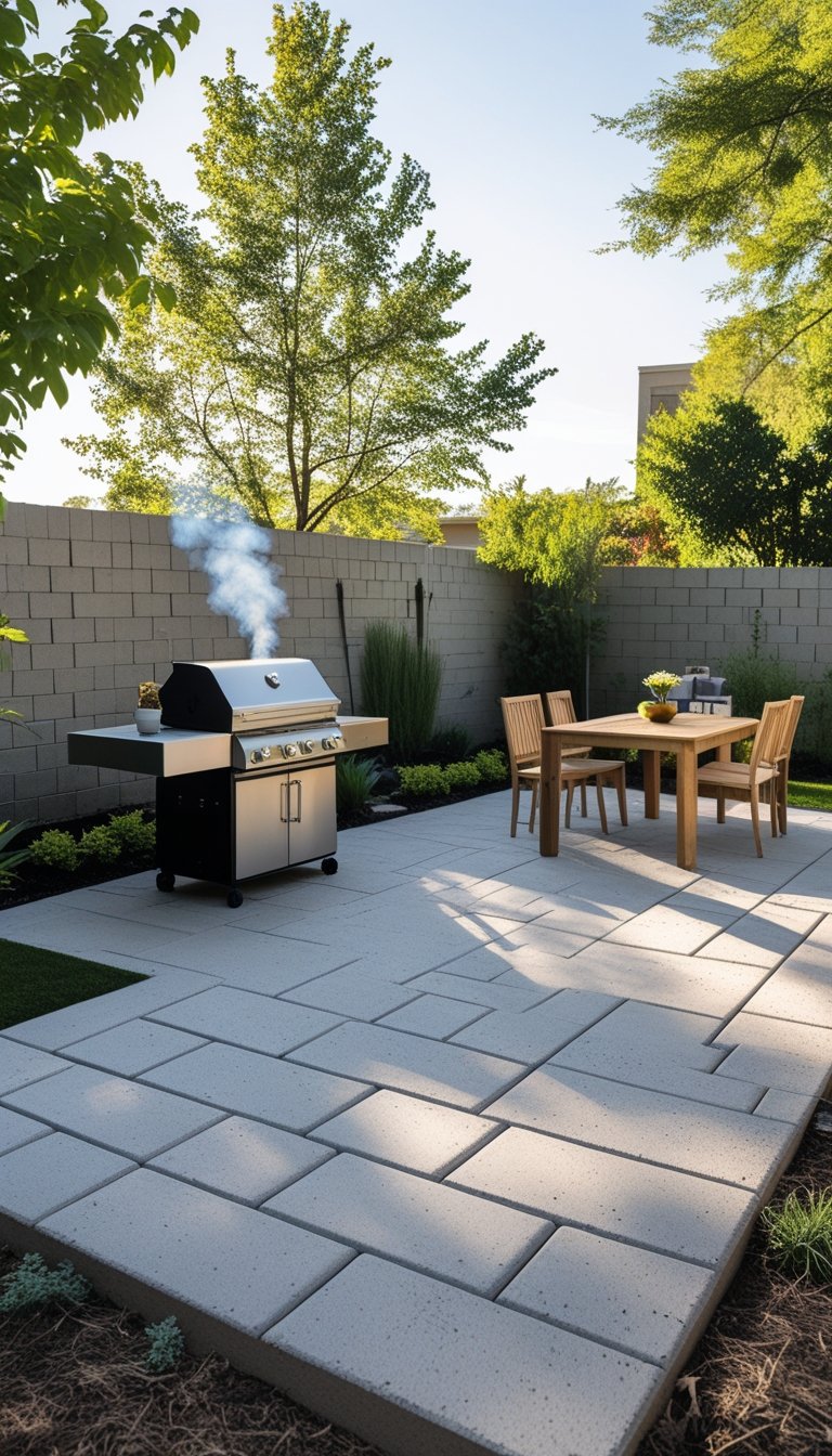 Outdoor BBQ area with a concrete paver patio, a barbecue grill, and outdoor furniture in a sunny backyard.
