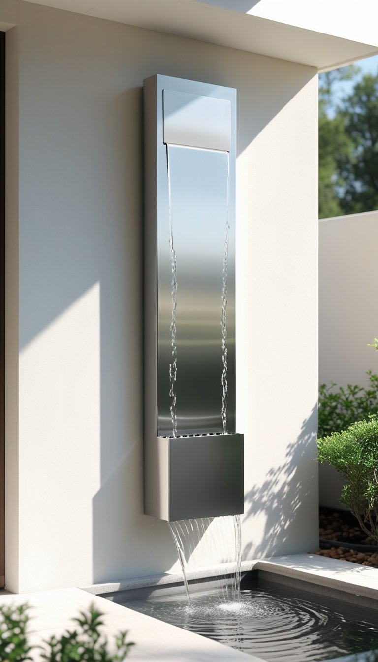 Outdoor stainless steel wall fountain with water flowing into a basin surrounded by plants and stone flooring.