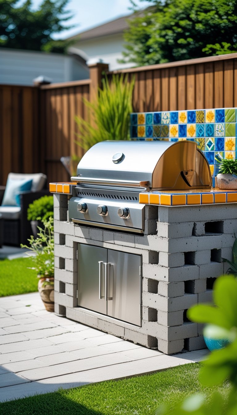Outdoor concrete block grill station with tile countertop and built-in stainless steel grill in a backyard setting.