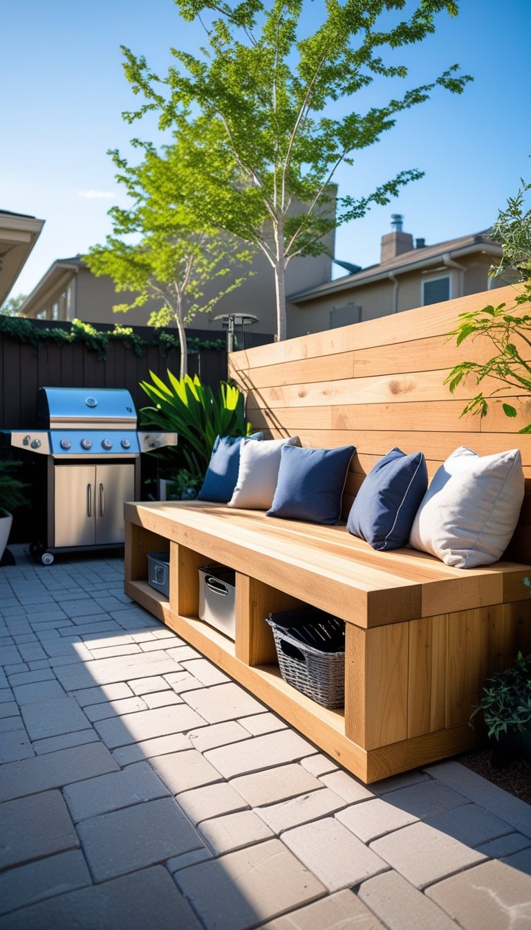 Outdoor BBQ area with built-in wooden bench seating featuring storage underneath, a barbecue grill, and surrounding plants.