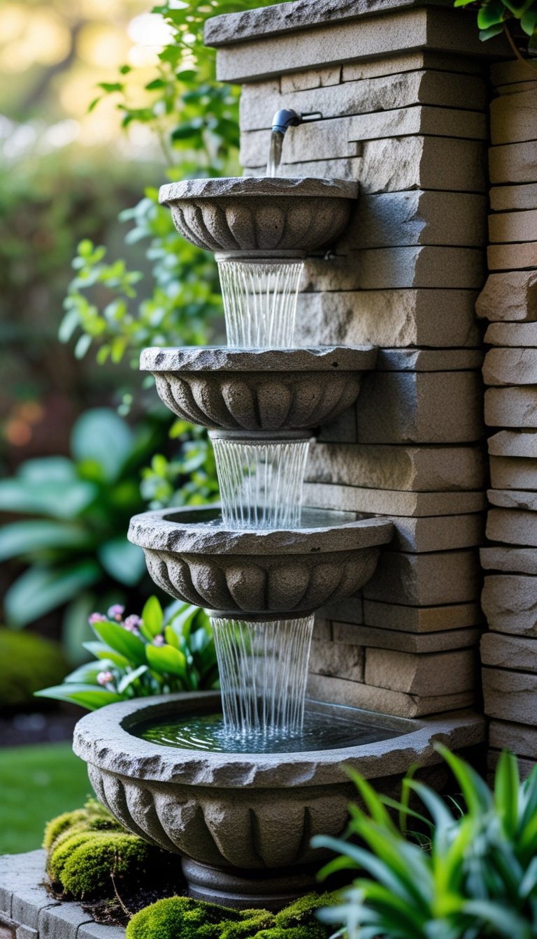 Outdoor stone wall fountain with water flowing down multiple tiered basins surrounded by plants.