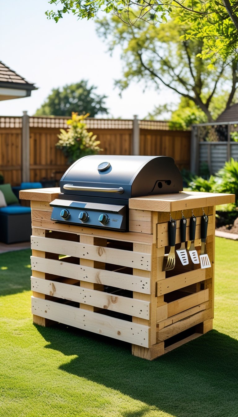 Outdoor grill island made from pallet wood with hooks holding grilling tools in a sunny backyard.