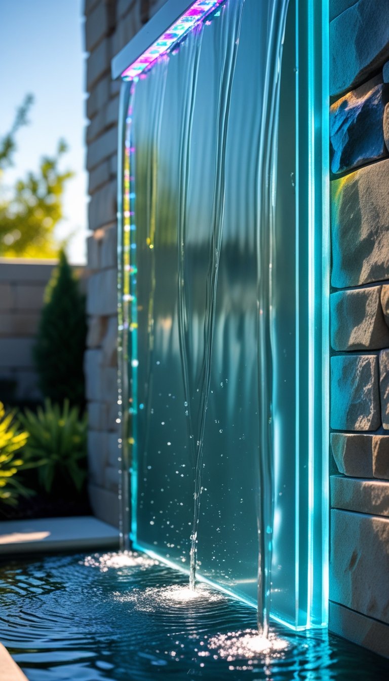 Outdoor water wall with water flowing down an LED-lit glass panel surrounded by stone and plants.