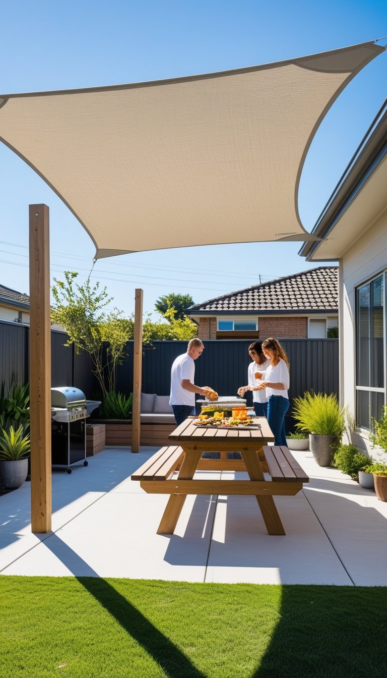 Outdoor backyard BBQ area with a removable shade sail providing sun protection over a picnic table and grill.