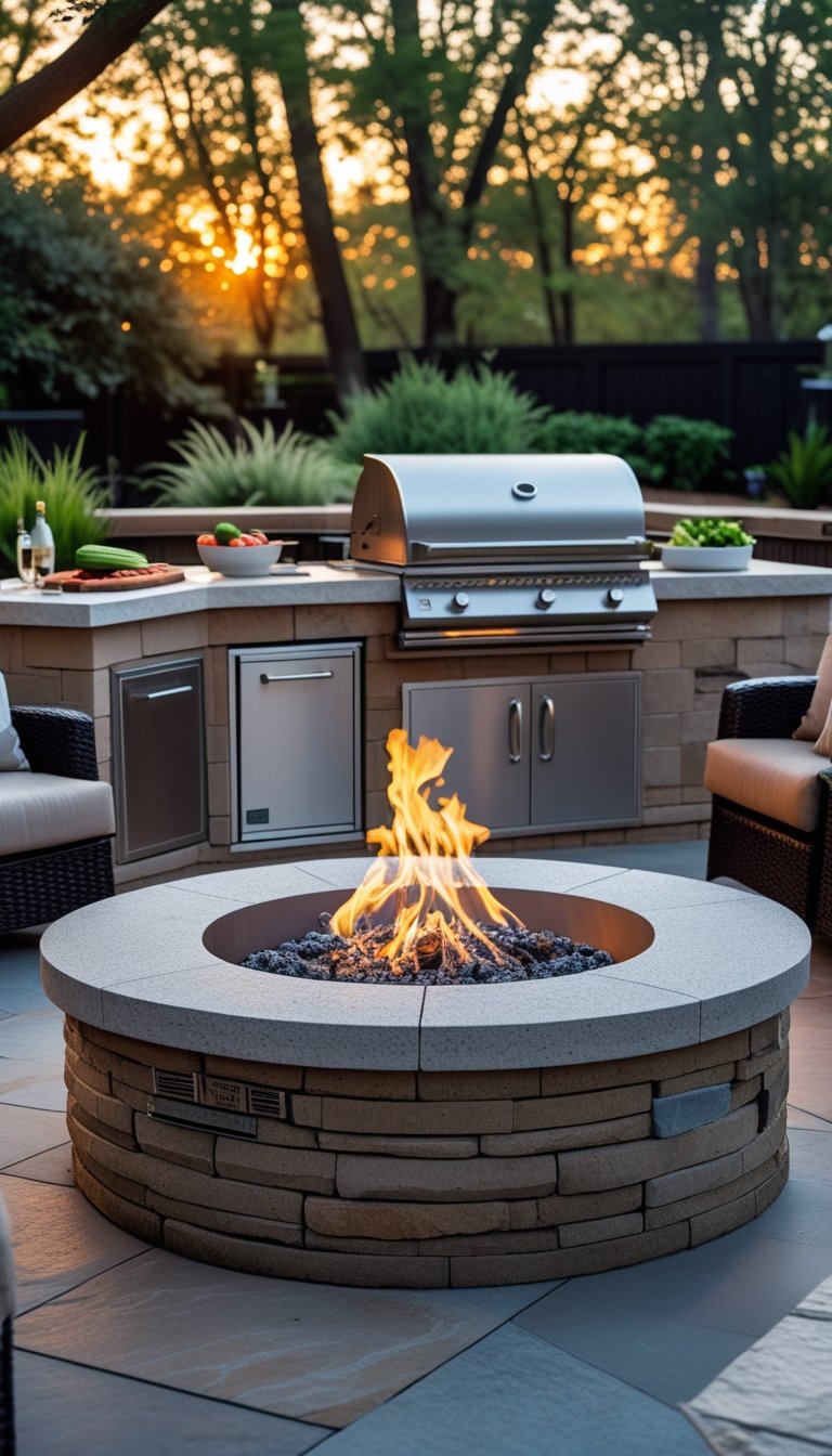 Outdoor backyard with a built-in grill station combined with a circular fire pit and seating area surrounded by plants.