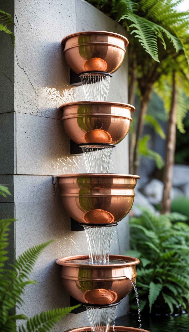 A copper bowl cascading fountain mounted on an outdoor wall with water flowing down multiple tiers surrounded by green plants.