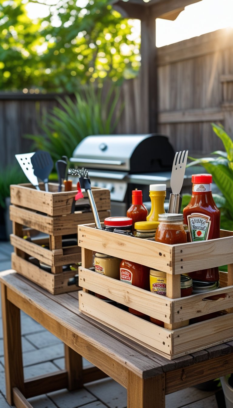 Outdoor BBQ area with wooden crates used to store BBQ tools and condiments on a rustic table near a grill.