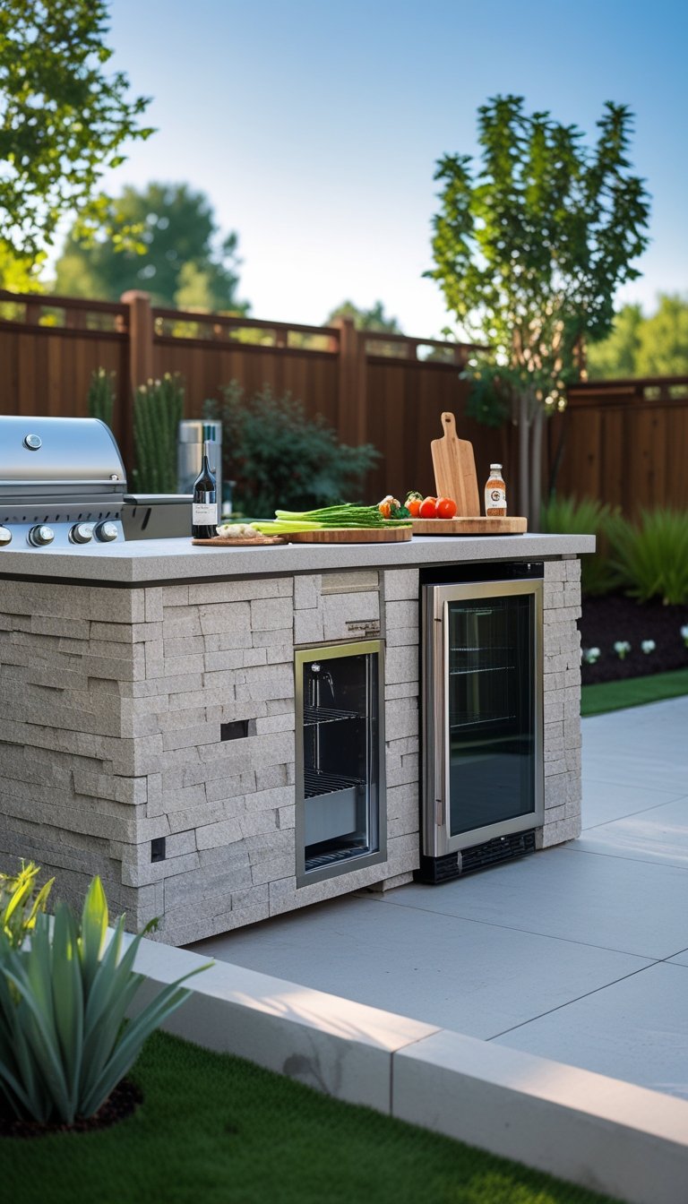 An outdoor barbecue station with a built-in refrigerator surrounded by greenery and grilling accessories.