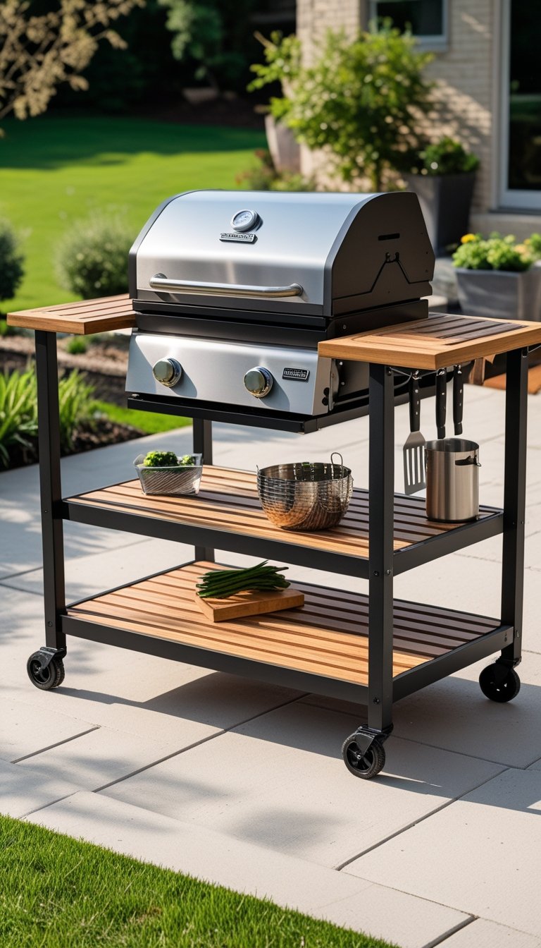 A portable grill cart with side tables set up outdoors on a patio with grass and plants in the background.