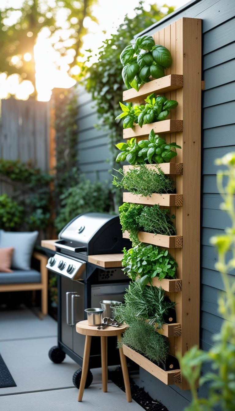 A vertical herb garden next to an outdoor BBQ grill in a backyard setting with fresh green herbs and patio furniture.