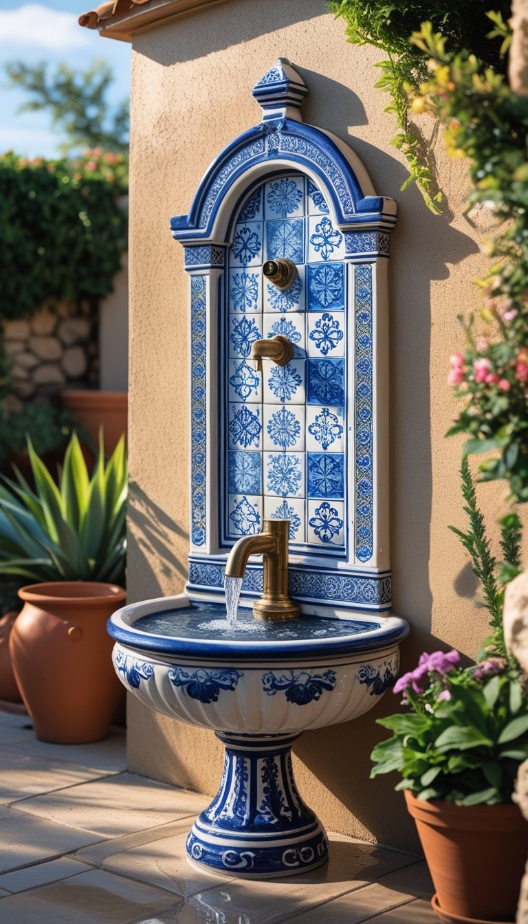 Outdoor wall-mounted ceramic fountain with water flowing into a basin surrounded by plants and flowers.