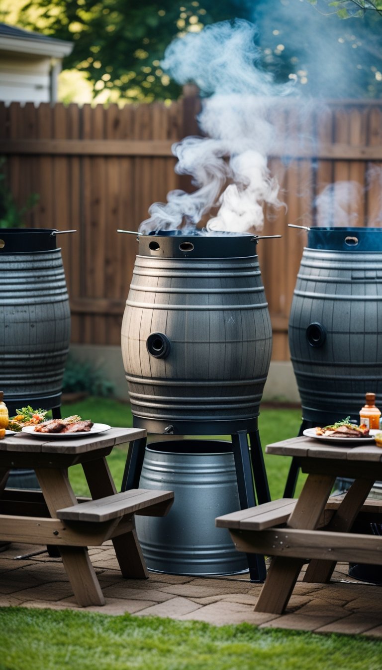 Outdoor backyard with metal barrels used as DIY smokers and picnic tables with grilled food.