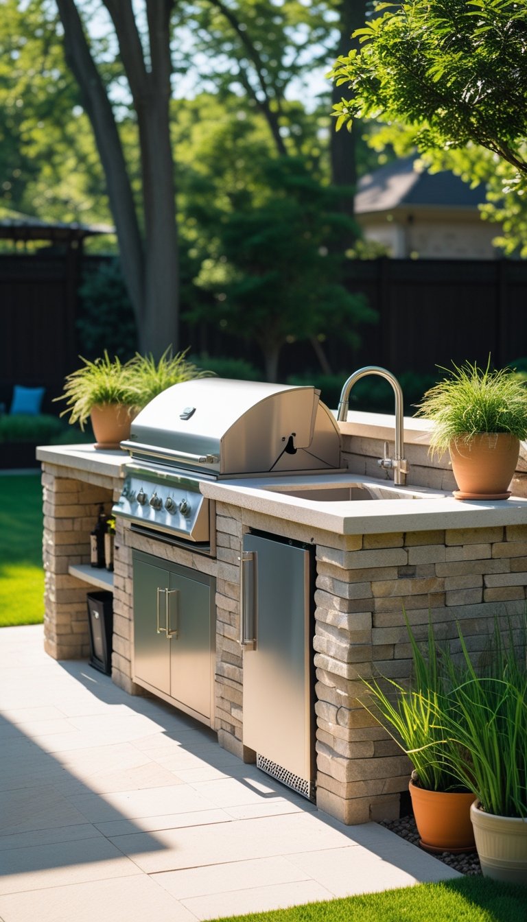 L-shaped outdoor grill station with built-in grill and sink in a backyard setting.