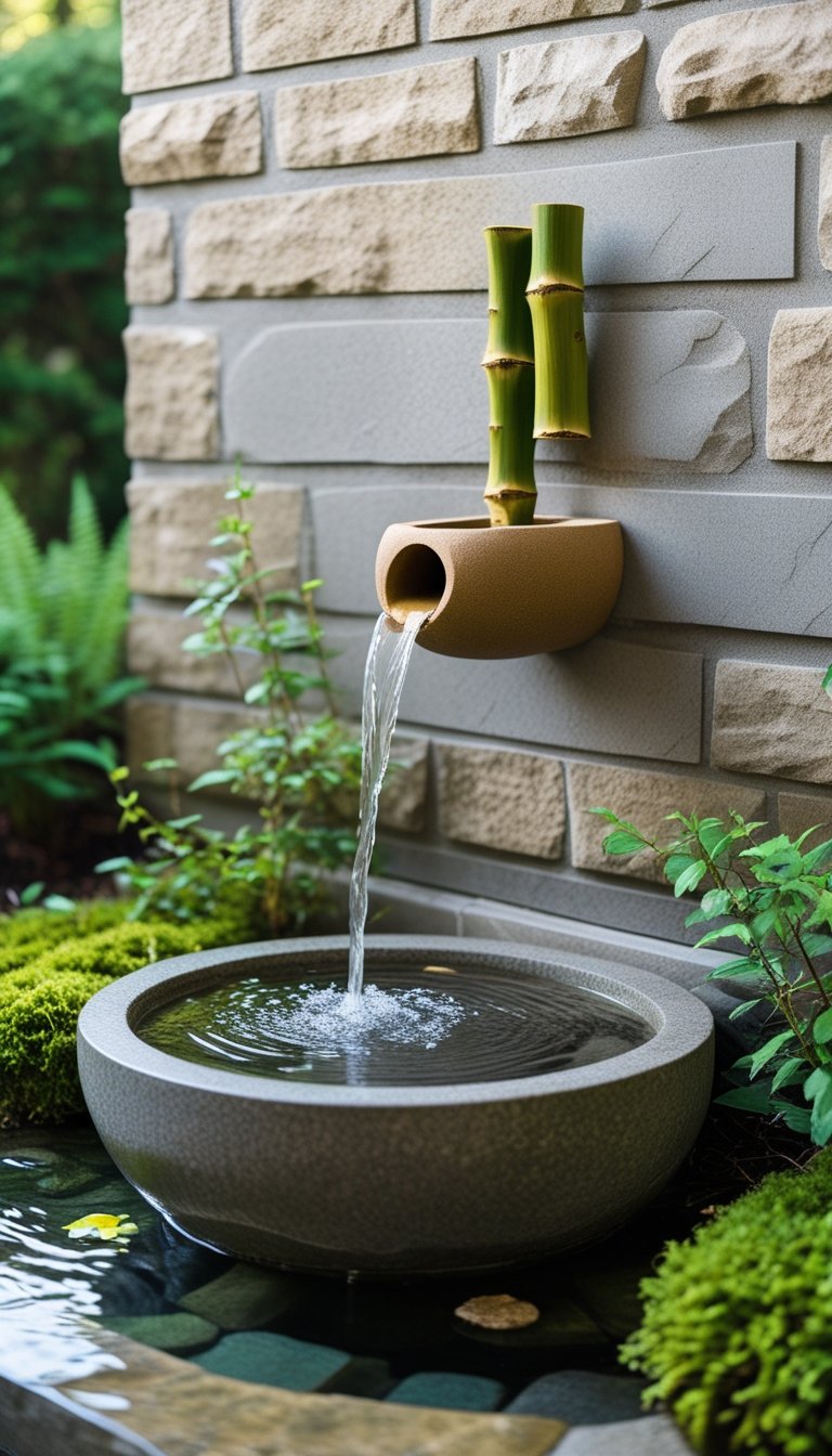 Outdoor stone wall fountain with water flowing from a bamboo spout into a stone basin surrounded by green plants.