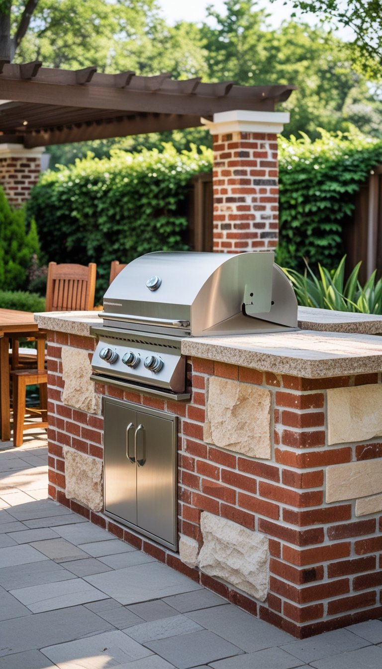 Outdoor brick and stone grill station with a seating area in a backyard surrounded by greenery.