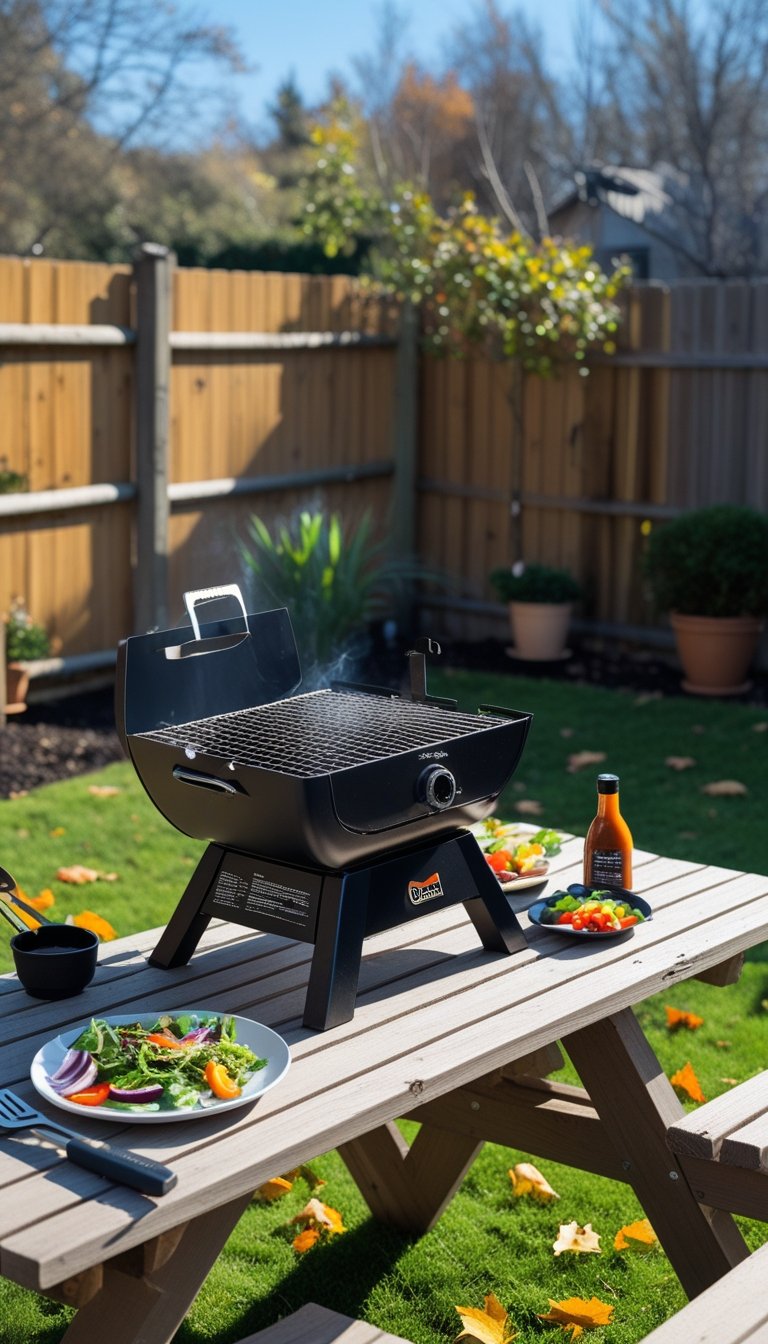 Compact portable propane grill on a wooden picnic table in a backyard with grass, plants, and a clear sky.