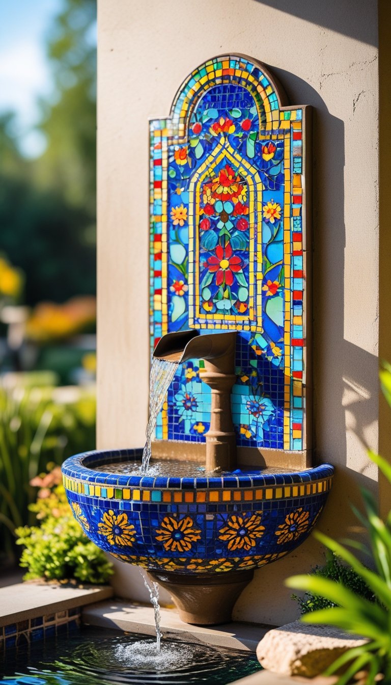 Outdoor wall fountain with colorful mosaic tiles and water flowing into a basin surrounded by plants.