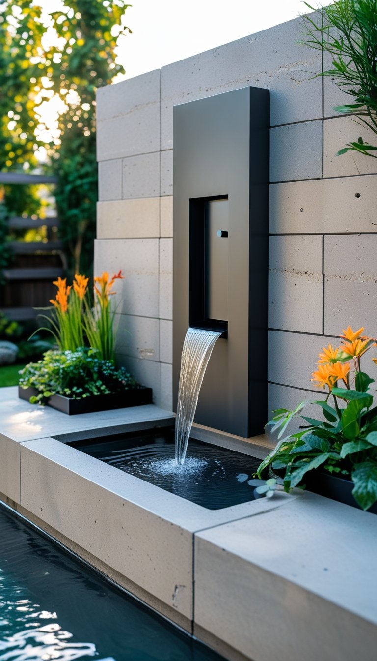 An outdoor wall fountain built into a planter wall with water flowing into a basin surrounded by green plants and flowers.