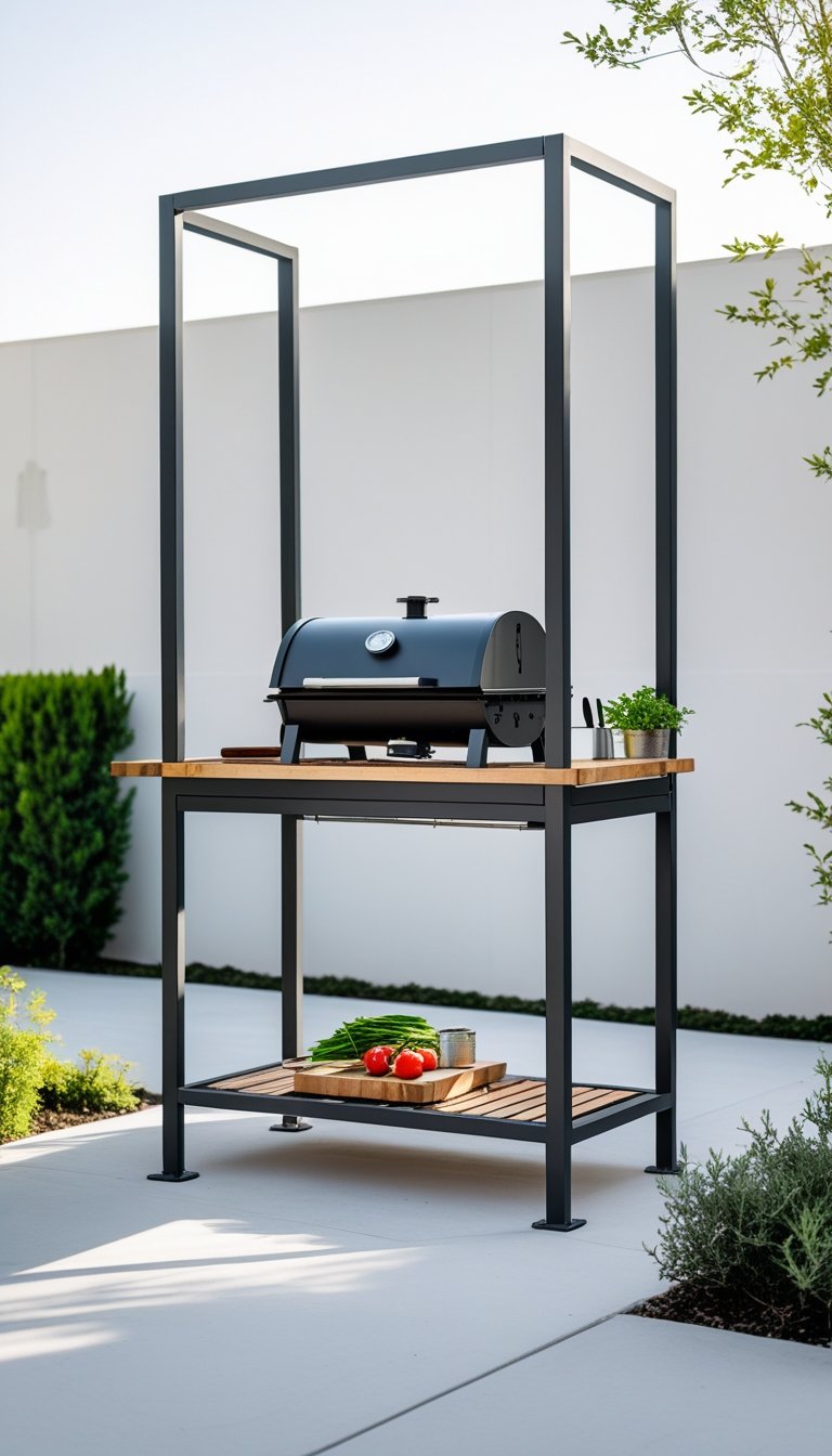 An outdoor grill station with a metal frame set in a backyard with greenery and a stone patio.