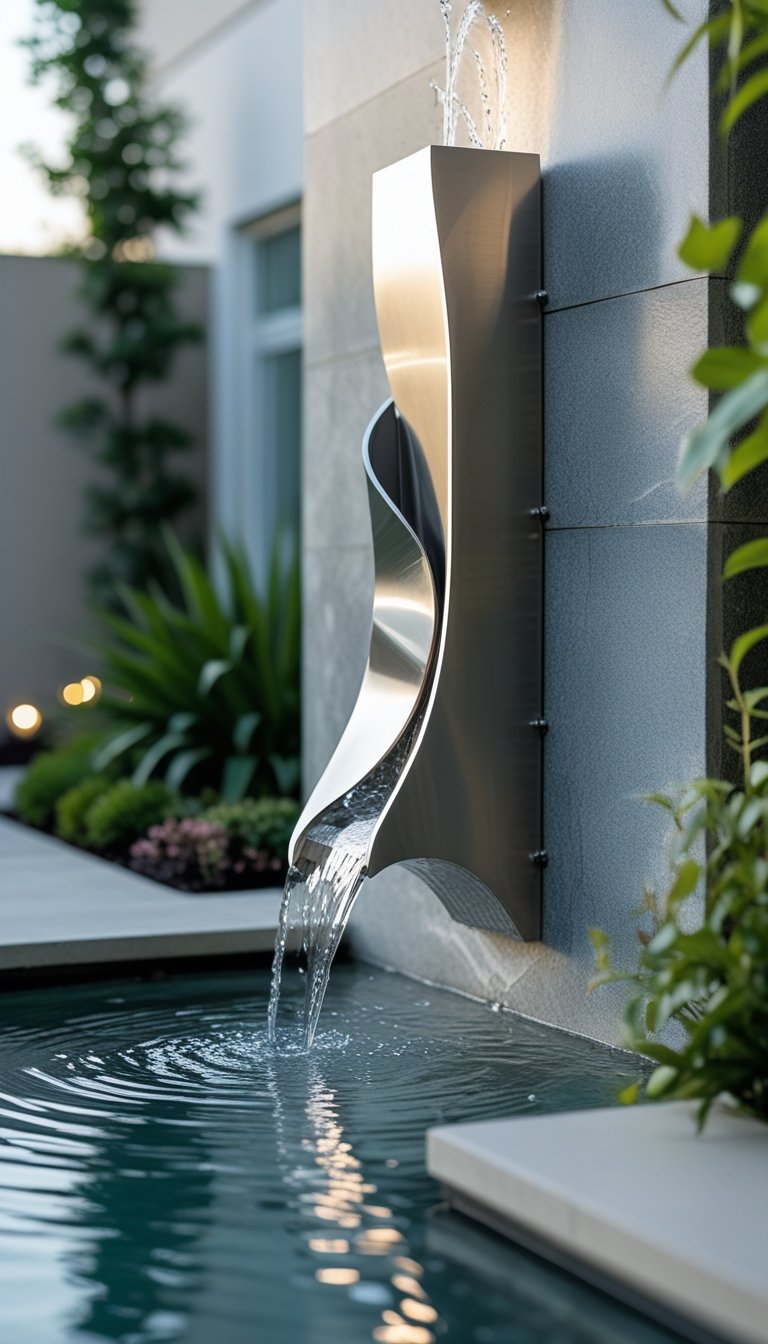 Outdoor wall fountain with a metal sculpture where water flows into a basin, surrounded by plants and stone wall.