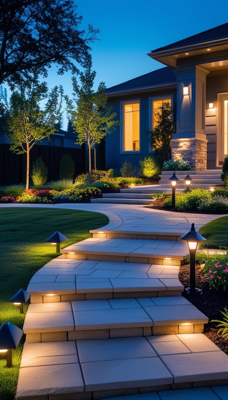 A front yard walkway at dusk illuminated by various landscape lights including pathway lights, uplights on plants, and lantern-style post lights near the entrance.