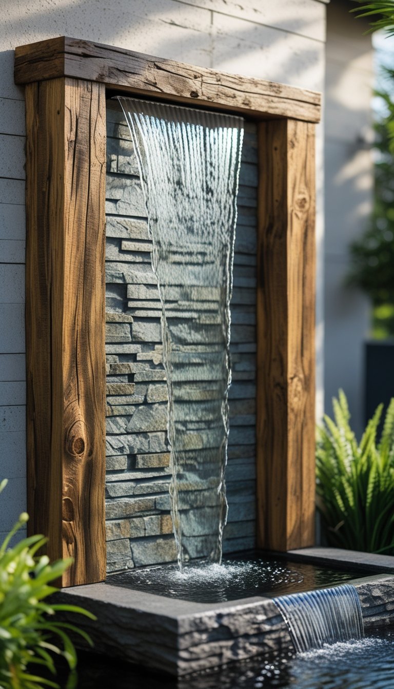 Outdoor wall fountain with water flowing down a stone surface framed by reclaimed wood, surrounded by greenery.