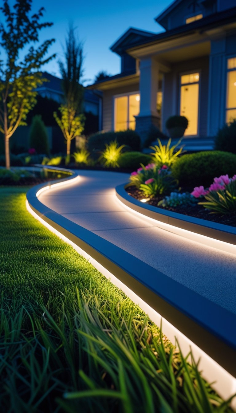 Front yard walkway at dusk illuminated by LED pathway lights surrounded by green grass and flowering plants.
