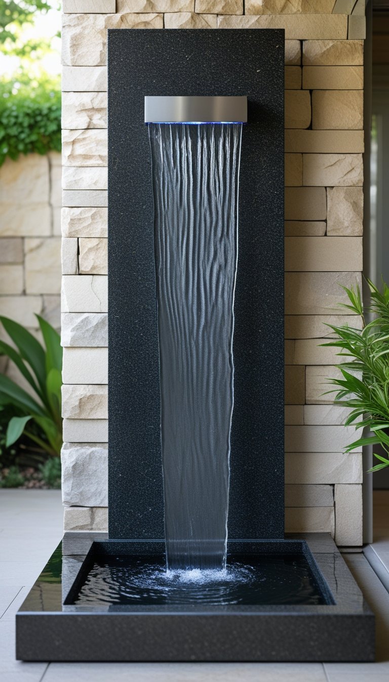 Outdoor wall-mounted granite slab fountain with water flowing down into a basin surrounded by plants.