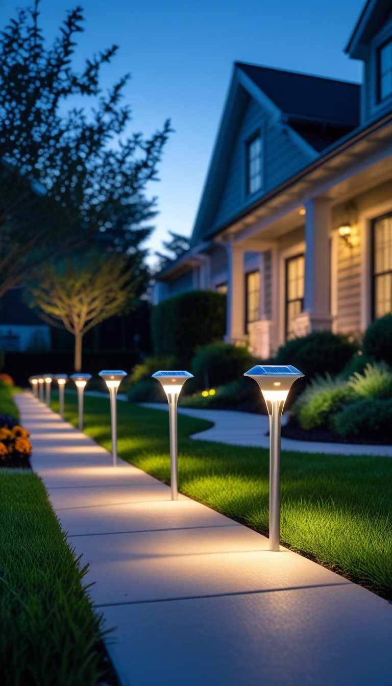 A front yard walkway lit by solar-powered stake lights surrounded by grass, flowers, and shrubs during twilight.