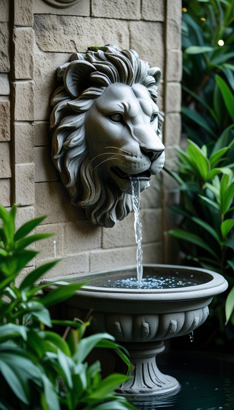 Outdoor wall fountain with water flowing from a lion head spout into a basin surrounded by plants.