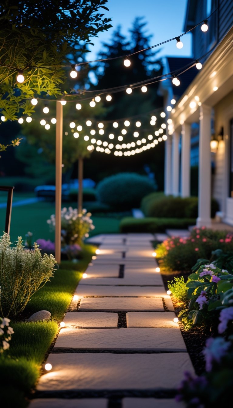 A front yard walkway lined with warm white string lights and surrounded by plants and greenery at dusk.