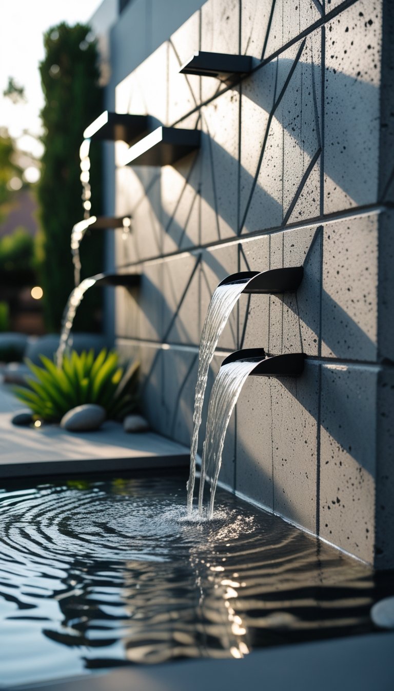 An outdoor water wall fountain with concrete geometric patterns and water flowing down its surface, surrounded by plants and stones.