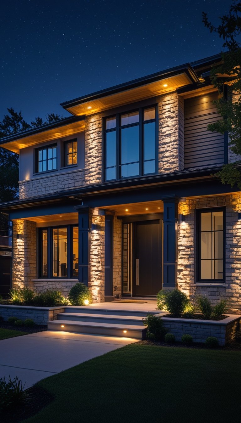 A modern house at night with twelve exterior lights illuminating the facade and surrounding landscaping.