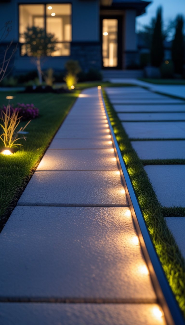 A front yard walkway at twilight with recessed ground lights illuminating the edges of the path, surrounded by grass and plants.
