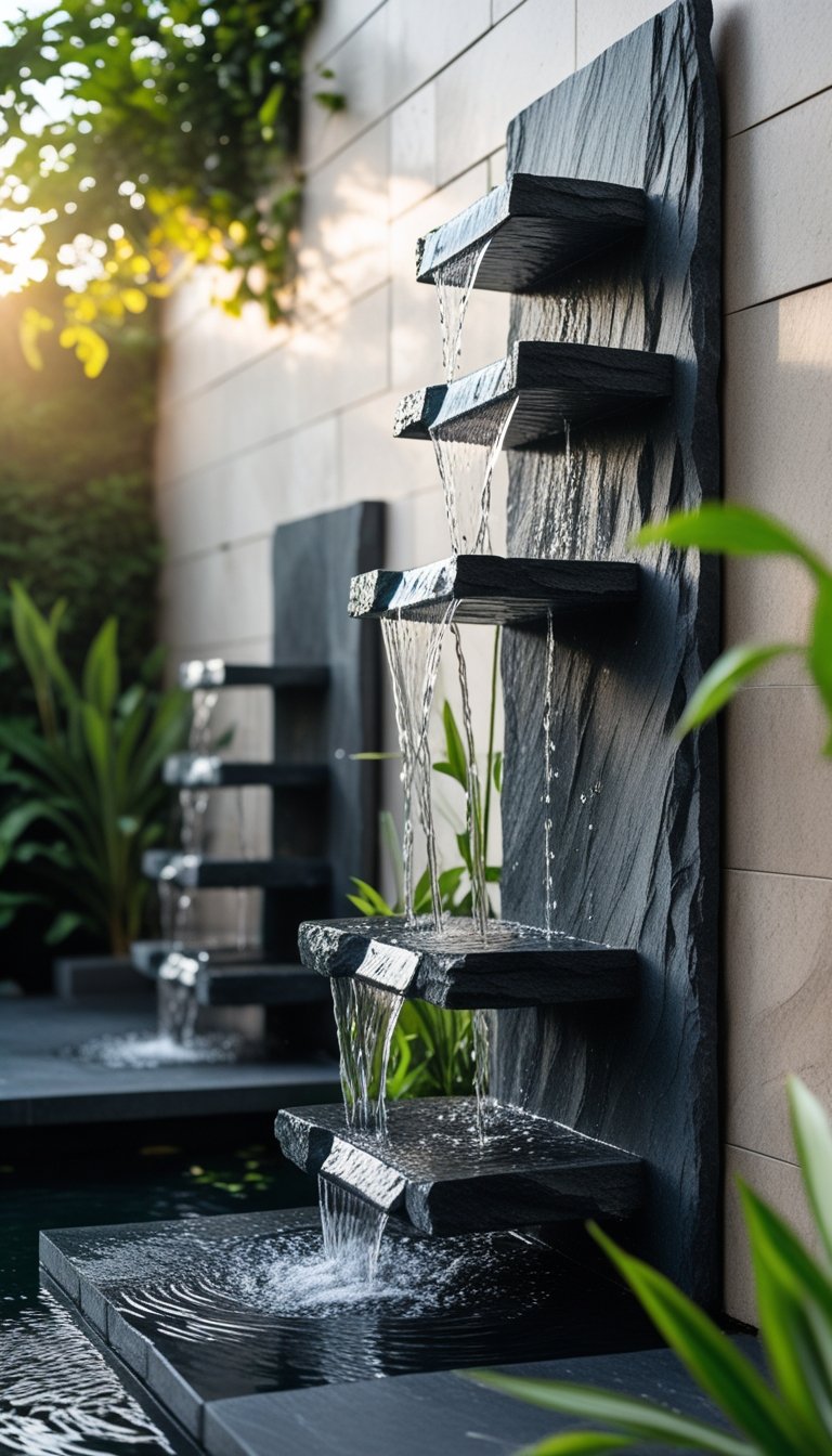Outdoor garden wall with multiple tiered slate cascading fountains surrounded by greenery.