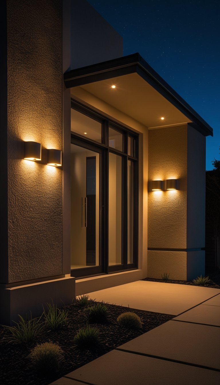 A modern house exterior at night illuminated by warm wall lights highlighting architectural details.