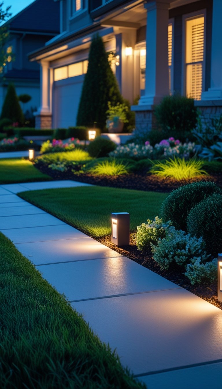 A front yard walkway lit by motion sensor lights surrounded by plants and a house in the background at dusk.