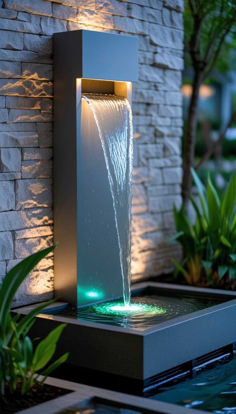 Outdoor wall fountain with water flowing from a spout into a basin, illuminated by colored LED lights, surrounded by plants.