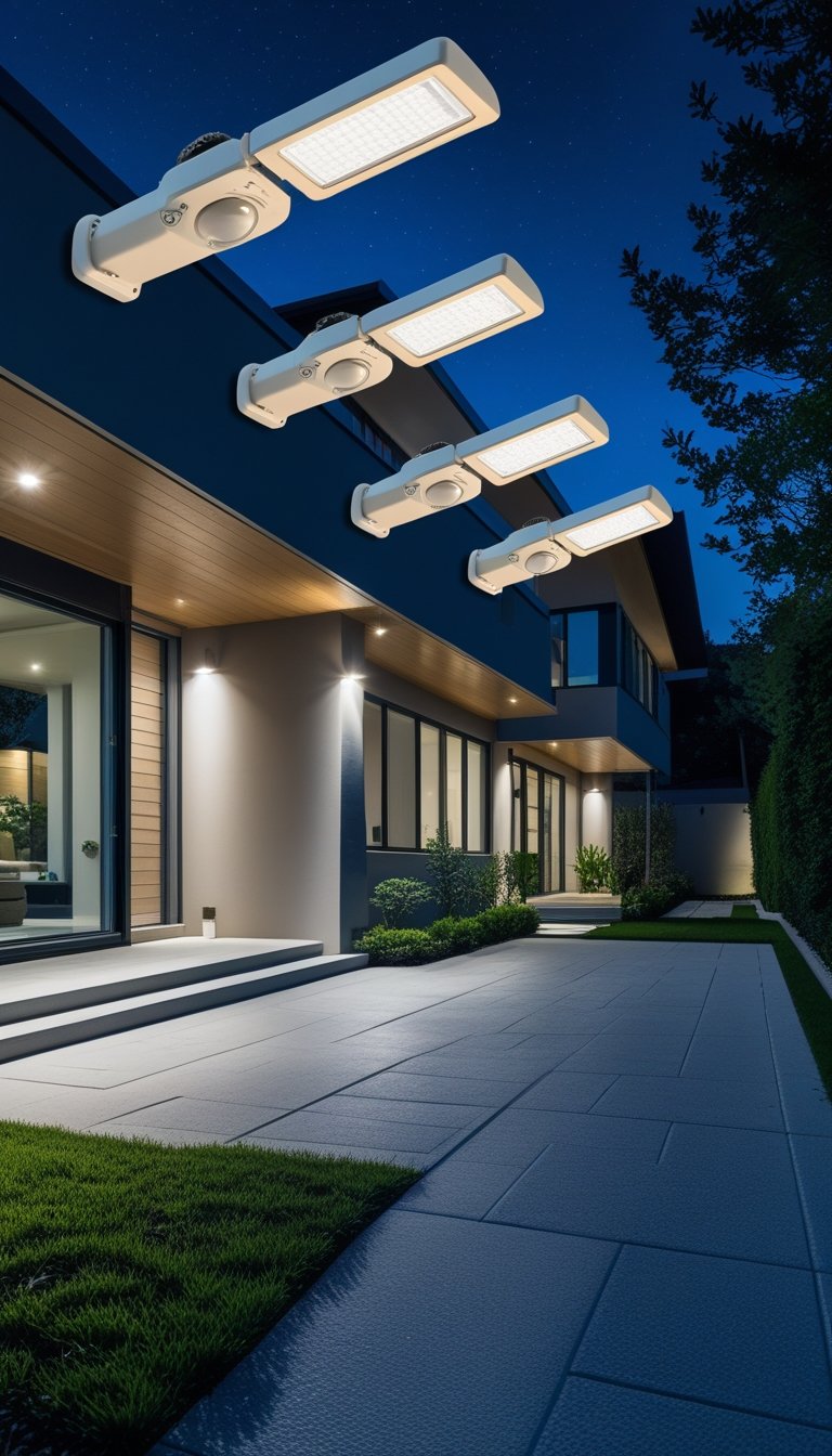 A modern house at night illuminated by multiple motion sensor floodlights around the exterior.