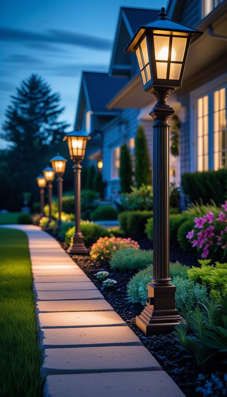 A front yard walkway lined with lantern-style lights on posts, surrounded by green grass and flower beds, leading to a house at dusk.