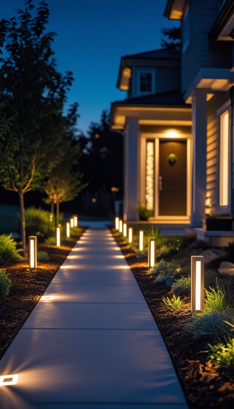A nighttime view of a house exterior with illuminated walkways lined by path lights.