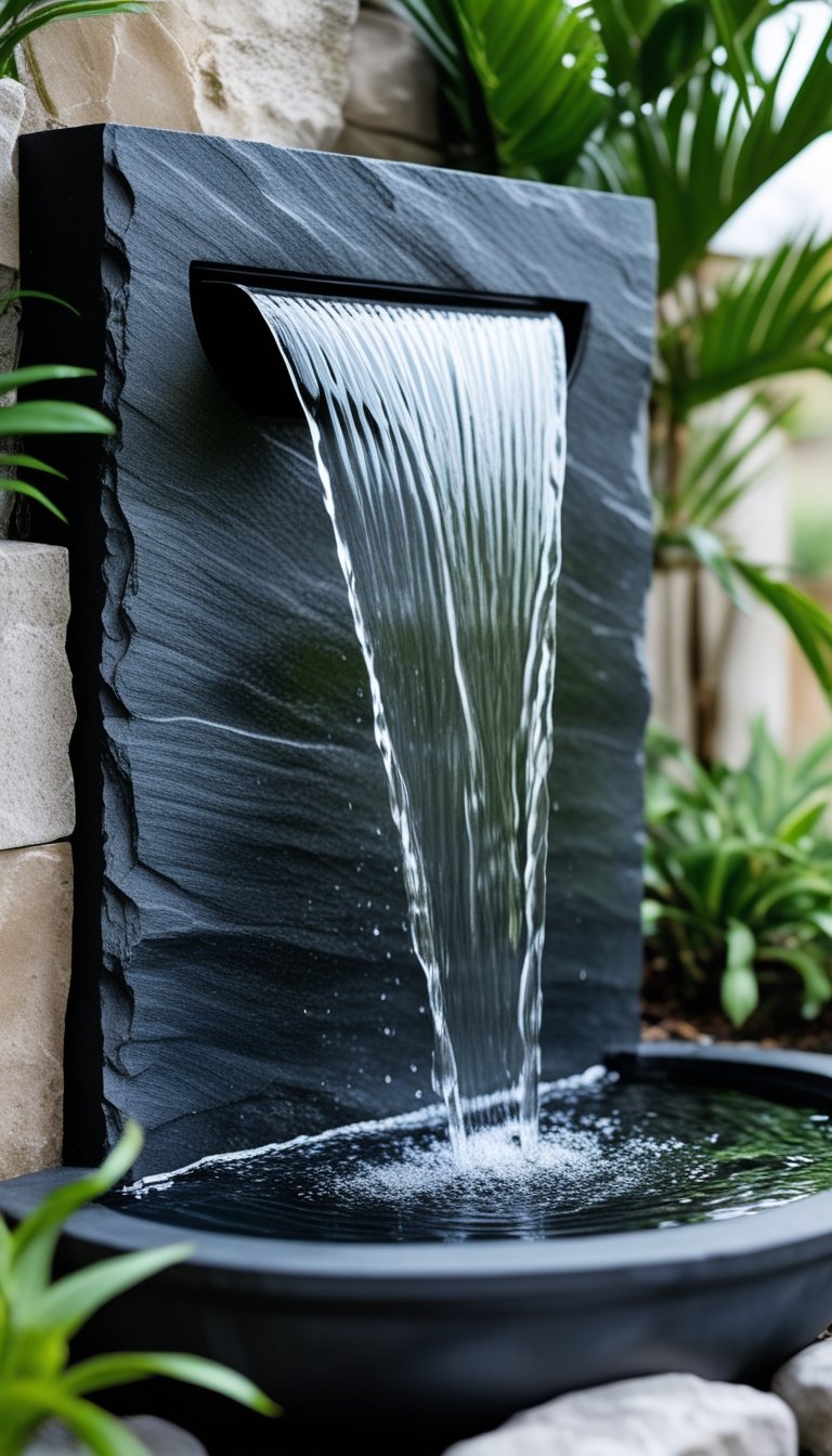 An outdoor black slate waterfall fountain with water flowing down smooth edges into a basin surrounded by green plants.